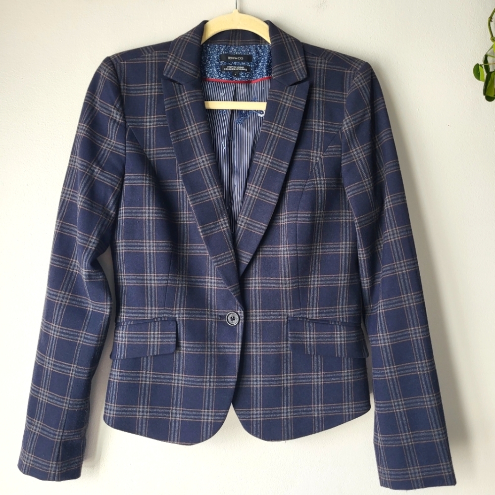 RW & Co  Blue Plaid Fall Preppy Statement Blazer Sz 4